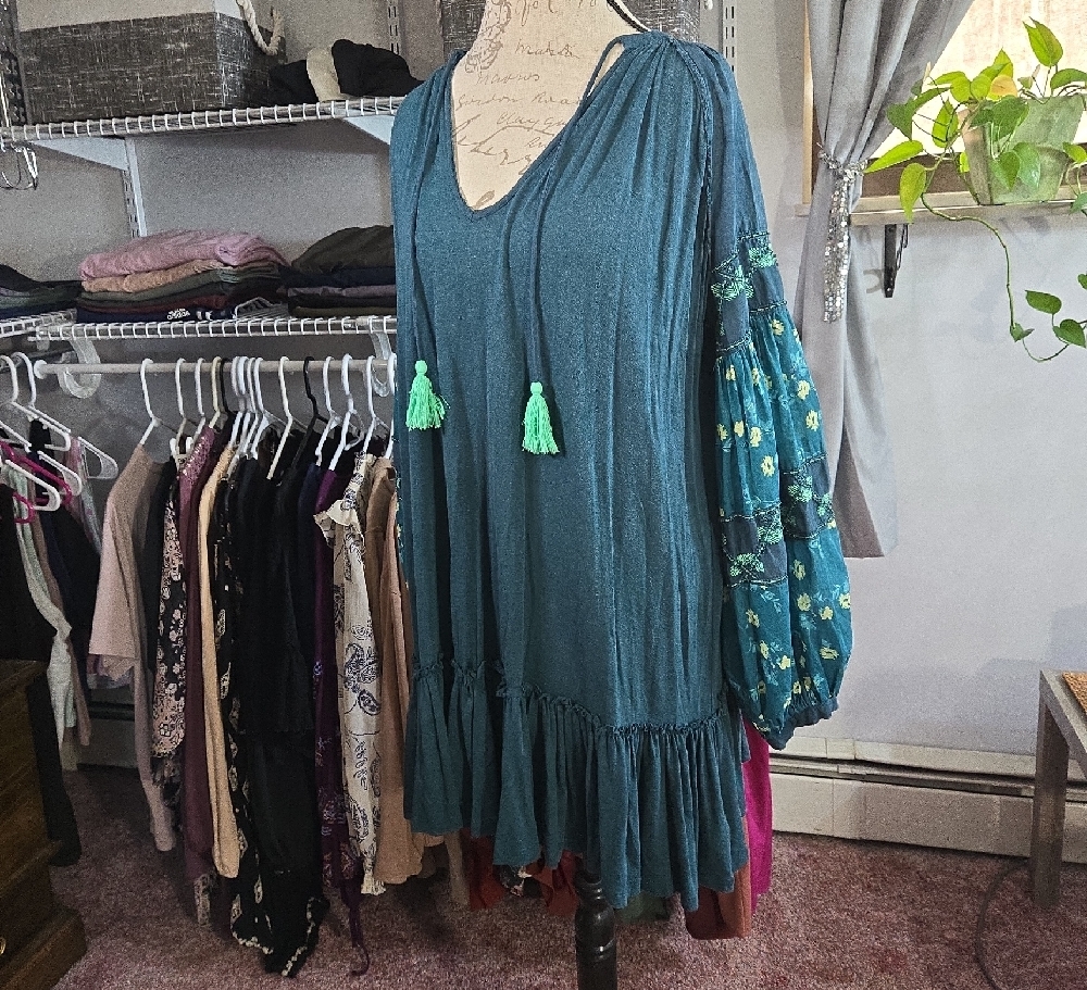Teal Boho Dress with Tassels and Floral Sleeves